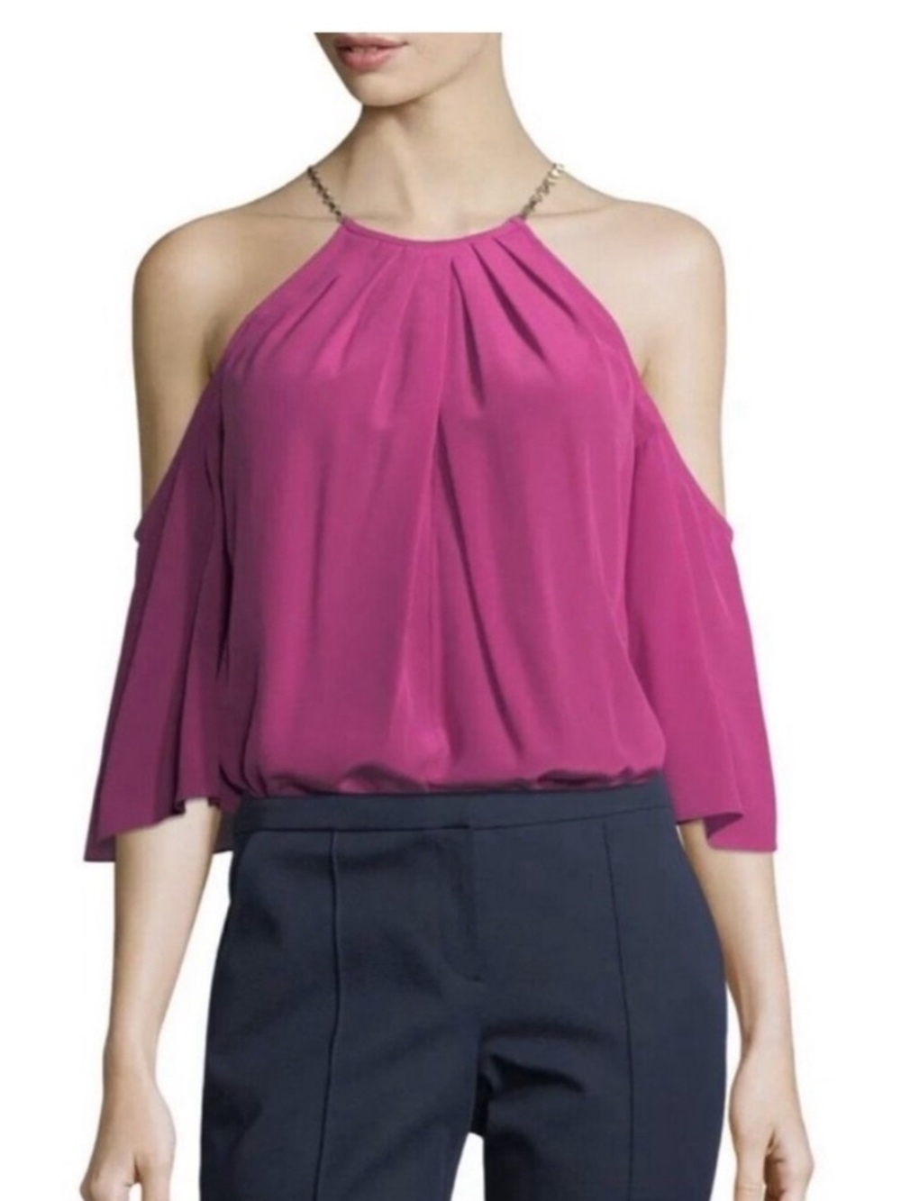 Trina Turk xs shirt top cold shoulder magenta gold silk